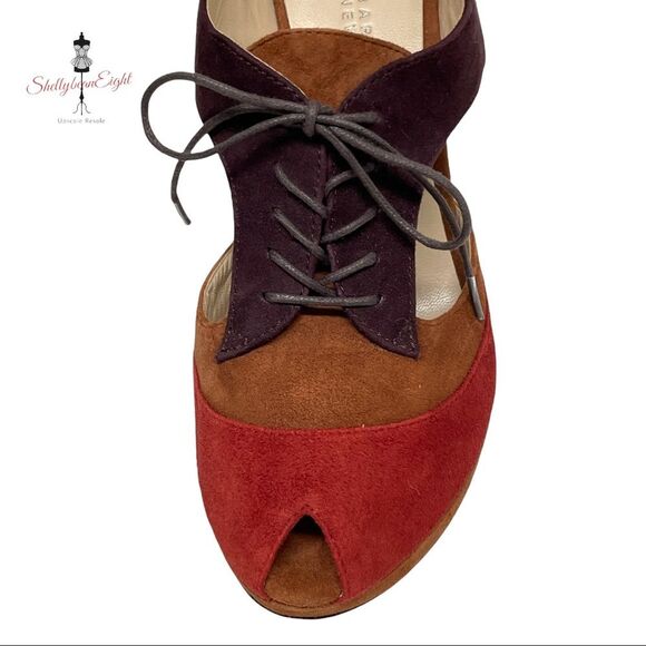 BARNEYS New York Suede Leather Colorblock Lace Up Peep Toe Heels Pumps 8.5 - Picture 4 of 16